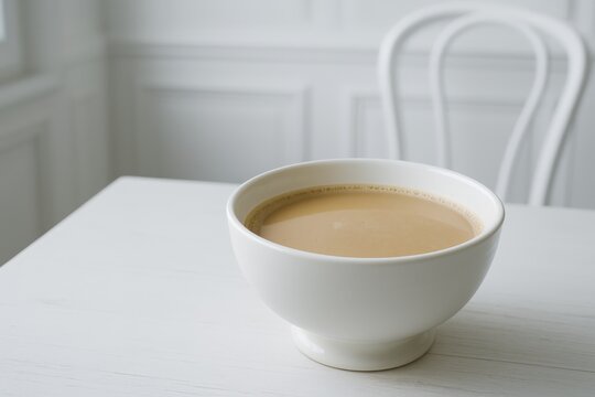 Minimalist close-up of a caf&eacute; au lait in a white bowl on a white table with a soft, elegant Parisian mood.
