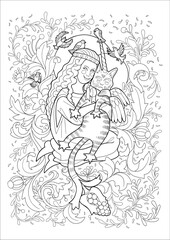 Curly-haired girl hugs her winged cat