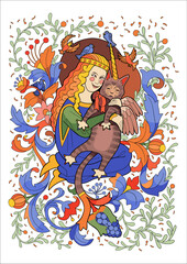 Curly-haired girl hugs her winged cat