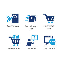 Coupon, Box delivery, Empty cart, Full cart, FAQ, Live chat, Blue Icon Set