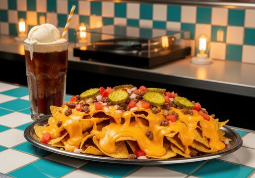 A generous plate of loaded nachos with melted cheese, ground beef, diced tomatoes, and pickles, served with a tall glass of root beer float