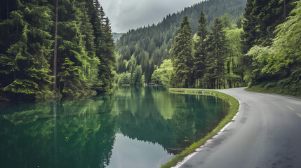 Winding road through forest by lake
