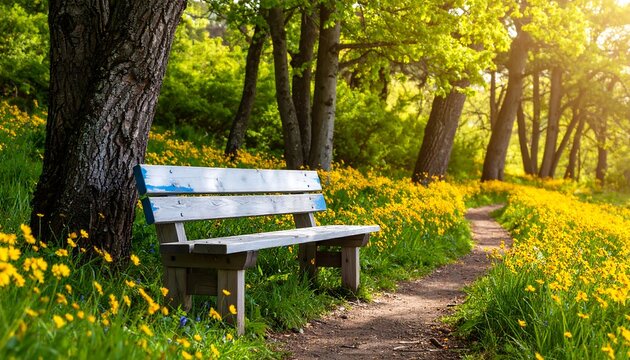 Sunlit park path with bench and wildflowers