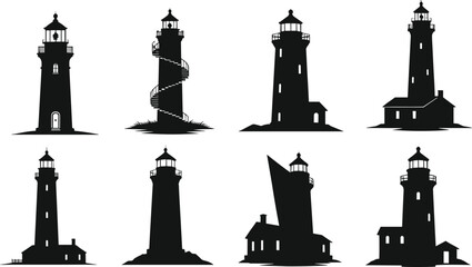 Collection of black silhouette lighthouse vector illustrations with houses, towers, spiral stairs, and coastal navigation design elements for marine themes