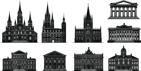 Fototapeta premium Collection of famous European architectural landmarks including cathedrals, churches, museums, and classical buildings silhouette vector illustration on white background.