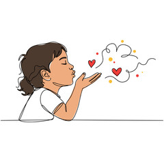 Child blowing a kiss and sending love hearts and symbols  