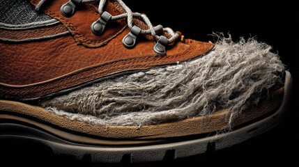 heel. Close-up of a worn leather hiking boot heel showing inner material and texture. lifestyle magazines, social media lookbooks, designed for lifestyle magazines and social media content.

