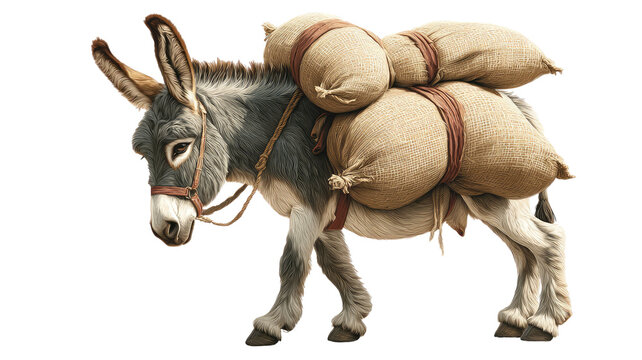 A realistic illustration of a donkey carrying goods on its back showing detailed texture and natural animal features on white background