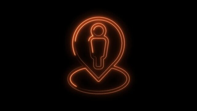 Neon person icon within location pointer glowing on a black background