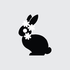 Black Rabbit Silhouette with Flower Crown, Cute Bunny Vector Illustration, Minimal Animal Logo Design on Light Background