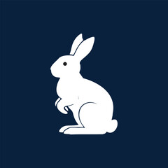 Minimal White Rabbit Silhouette on Dark Blue Background, Simple Bunny Logo Design, Animal Vector Illustration