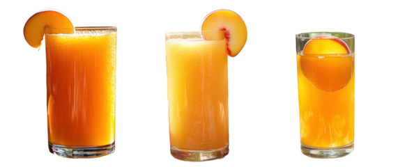 Collection of peach juice with slices, refreshing orange drink garnished with a peach slice, PNG, isolated on transparent background.