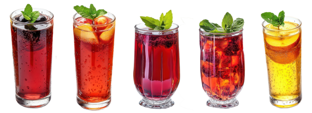 Collection of refreshing fruit juices in glasses, vibrant and refreshing assortment, PNG, isolated on transparent background.