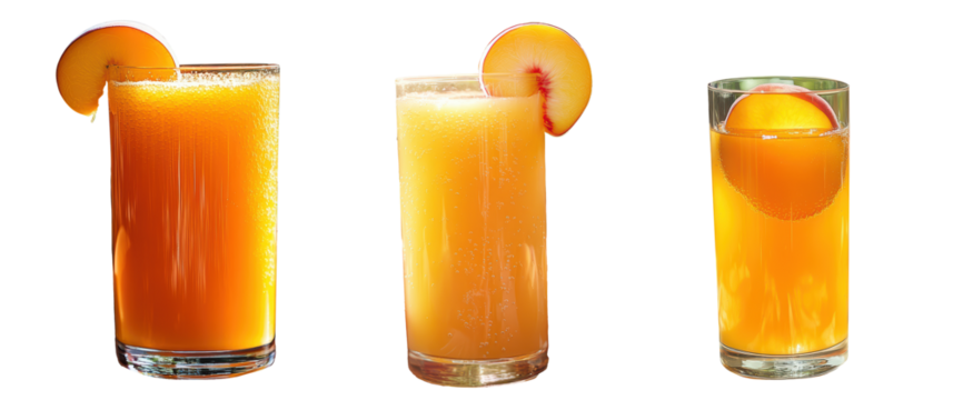 Collection of peach juice with slices, refreshing orange drink garnished with a peach slice, PNG, isolated on transparent background. - Powered by Adobe