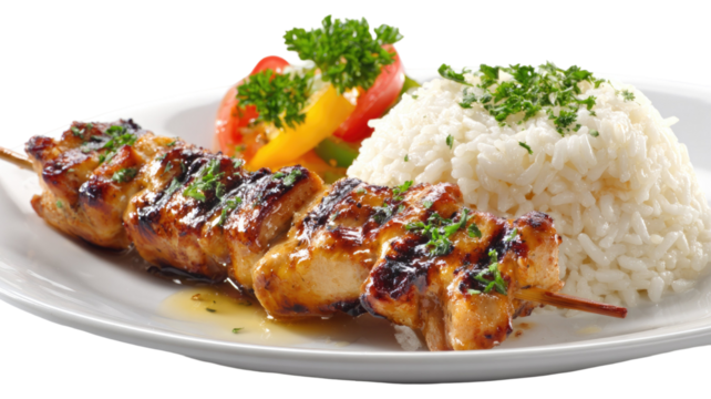 A grilled chicken skewer served with white pilaf rice and fresh garnish presented in delicious meal style on white background