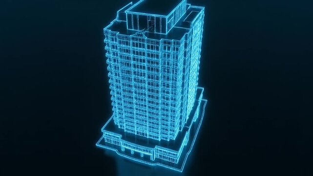 Architectural blueprint of a modern high-rise building rendered in glowing blue wireframe against a dark background, representing design and construction innovation