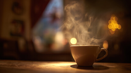 Fototapeta premium pause. A close-up view of a coffee cup with steam rising, set against a blurred, cozy backdrop. bar promotions, beverage menus, designed for food & beverage menus and cafe branding. 