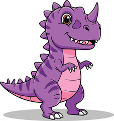 Cute purple cartoon dinosaur smiling with horn and spikes, prehistoric animal, funny T-Rex character illustration for kids and education design