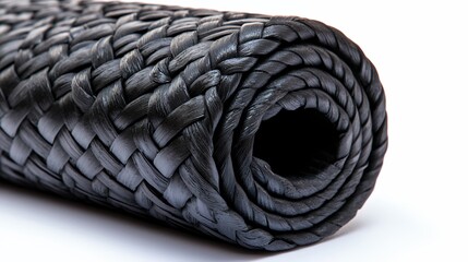 Black Woven Rolled Mat with Textured Surface on White Background