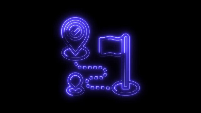 Neon route destination map with person location to goal on black background