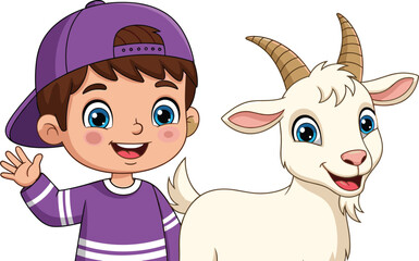 Smiling cartoon boy wearing purple cap waving hand beside friendly goat, friendship, animal care, farm life, children and animals illustration