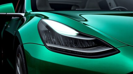 Close-up of a sleek green car's headlight, showcasing modern design and technology