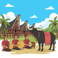 Indonesian Mamasa Culture Flat vector illustration of a traditional ceremony. Includes stilt houses and cultural symbols. High-res, minimalist style.