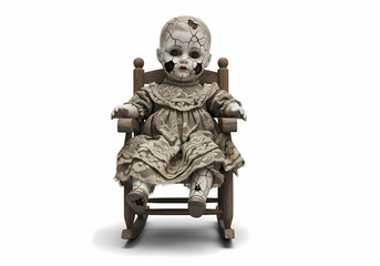 Creepy porcelain doll in rocking chair antique scary haunted vintage toy prop