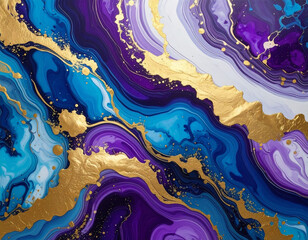 Abstract Fluid Art in Blue, Purple, and Gold Marble Texture