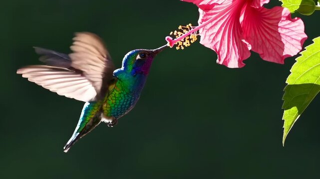 Dynamic hummingbird in flight drinking nectar from a vibrant hibiscus flower in a lush tropical garden