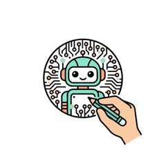 Minimalist AI Tool Icon Hand and tool vector with a background robot icon. Flat style, harmonious color combination, and bold lines. High-quality graphic.