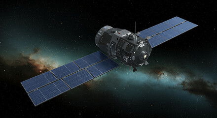 Obraz premium Artistic rendering of a spacecraft in deep space, showcasing solar panels and intricate details.