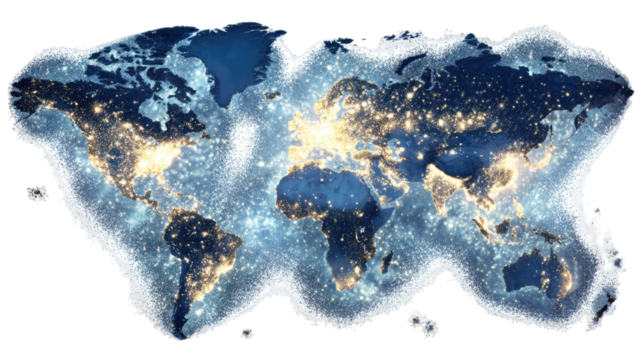 A digital world map with glowing continents displaying futuristic technology network connections and global communication concept on white background.