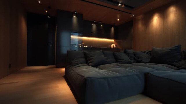Modern, dimly lit interior with a dark sectional sofa, wooden accents, and recessed lighting