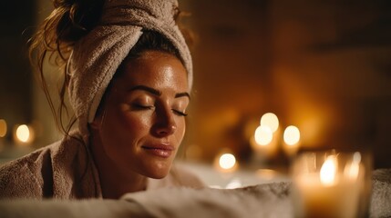 Spa Day Relaxation: Woman, Wellness, Candles, Beauty, Towel