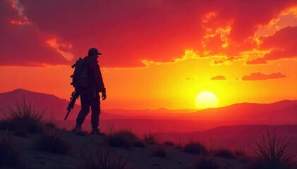 Fototapeta premium A lone figure, silhouetted against a vibrant desert sunset, carries hunting equipment The vast, arid landscape stretches to the horizon, hinting at the challenge of the hunt , peace, wild