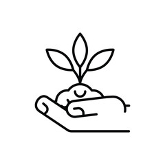 A black outline illustration of a hand cupping soil from which three leaves sprout