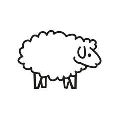 A black line drawing of a sheep The sheeps wool is a puffy cloud shape and it has simple legs and a face with a curved mouth