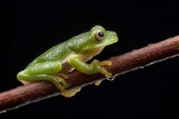Obraz premium A vibrant green frog perched delicately on a slender branch against a stark backdrop. The image captures the essence of tranquility