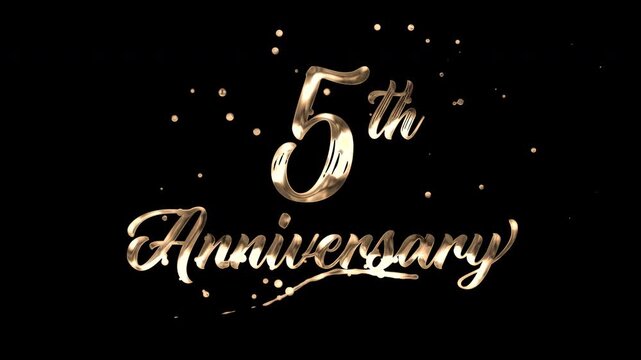 5th anniversary text animation in golden metallic effect. suitable for celebrating special occasions, invitations, anniversary cards and social media. Includes alpha channel for any background.