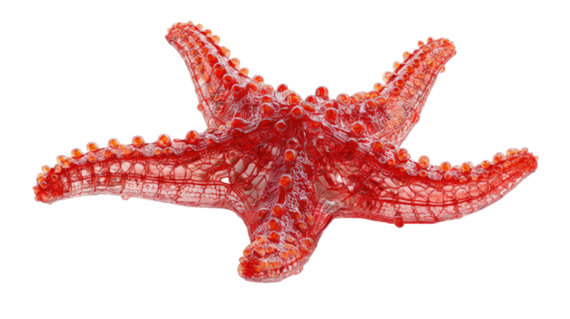 A 3d rendering of a red starfish showing detailed surface texture and realistic ocean marine features on white background