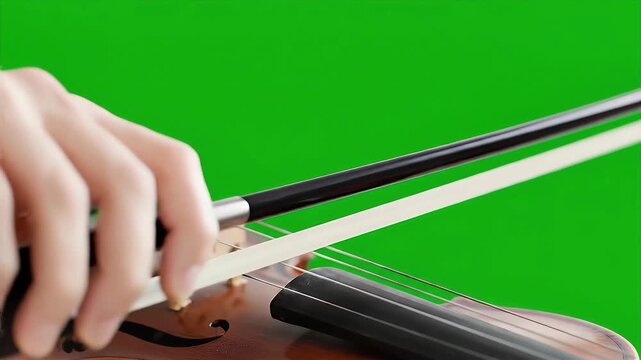 Violin Bow and Strings Close Up on Green Background.