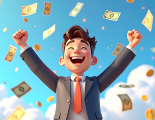 Happy Entrepreneur Holding Dollar Bills and Smiling