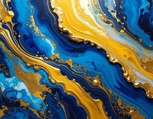 Luxury Abstract Fluid Art in Blue and Gold Marble Texture