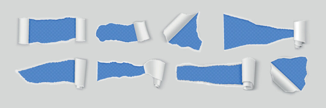 Tear paper torn. Broken rip cut strip, reveal curl tag or open roll frame. Off white scratch label sheet turn, curve corner deformed effect cardboard cards. Vector background isolated elements
