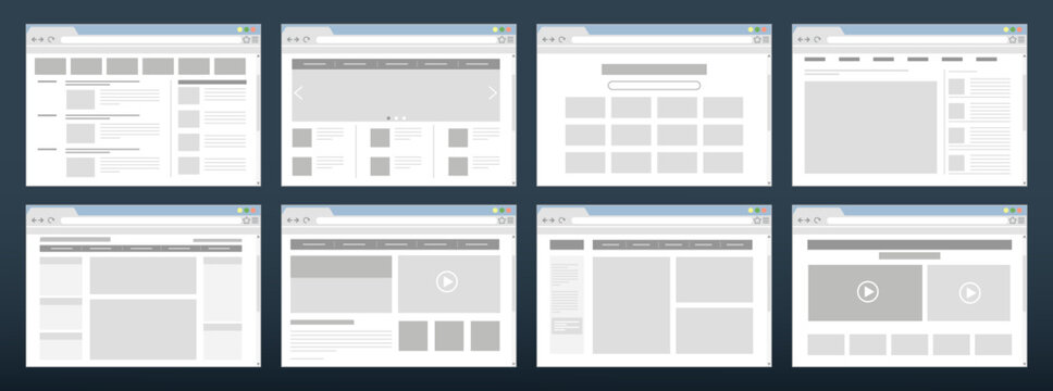 Web site layout. News homepage. Webpage frame prototype or UI kit structure. UX window page. Sitemap interface. Browser search bar or online video player. Vector design templates set