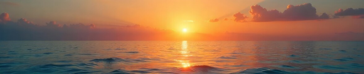 A majestic view of a calm sea at sunset, the sun dipping below the horizon, reflecting golden light on the tranquil water  Perfect for travel, vacation, and nature themes , sunset,  picturesque