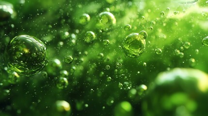 Green bubbles float through the green water, creating green reflections. The water shimmers as the green bubbles rise, forming intricate patterns in the green landscape.