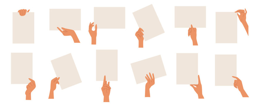 Hand hold card. Paper sign, book or document, blank letter board for woman note. Piece of empty placard sheet. Vector banner design with copy space for text, cartoon isolated illustration