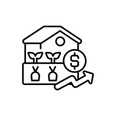 A greenhouse icon featuring plants a dollar sign and an upwardpointing arrow
